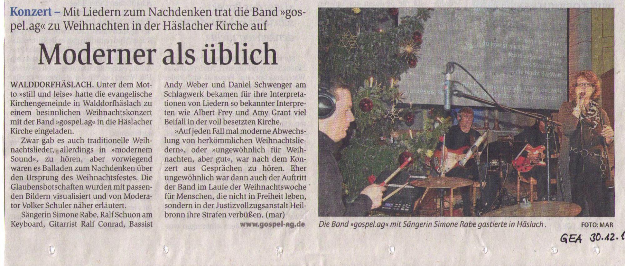 Weihnachtskonzert 'still & leise' mit der Gospel.AG Band in Walddorfhäslach Weihnachtskonzert 'still & leise' mit der Gospel.AG Band in Walddorfhäslach